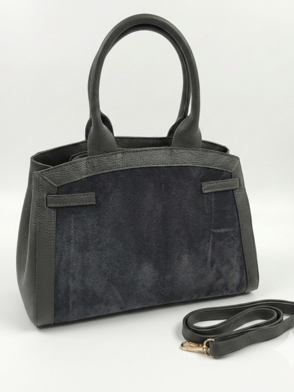 Луксозна чанта от естестжен велур и кожа в сиво