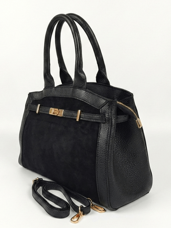 Черна италианска дамска чанта от естествена кожа и велур със златисто закопчаване