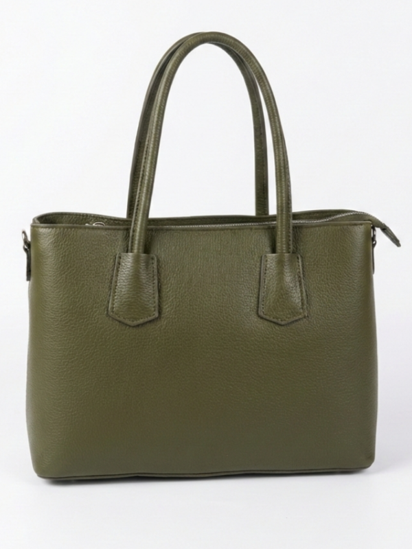 Back of a classic green leather bag with comfortable handles