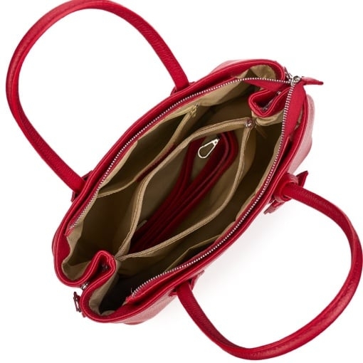 Вътрешно разпределение на червена бизнес чанта с три отделения, подплата и джобове с цип