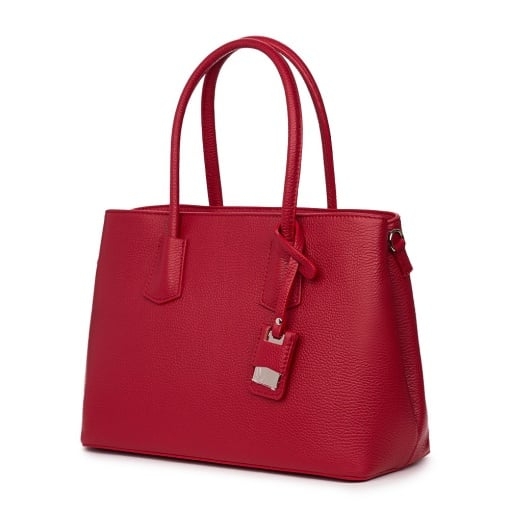 Елегантна изчистена дамска чанта от естествена кожа в червено с метални крачета