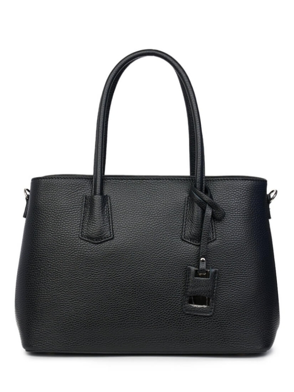 Класическа черна италианска чанта, естествена кожа Vera Pelle, голям размер с две дръжки.