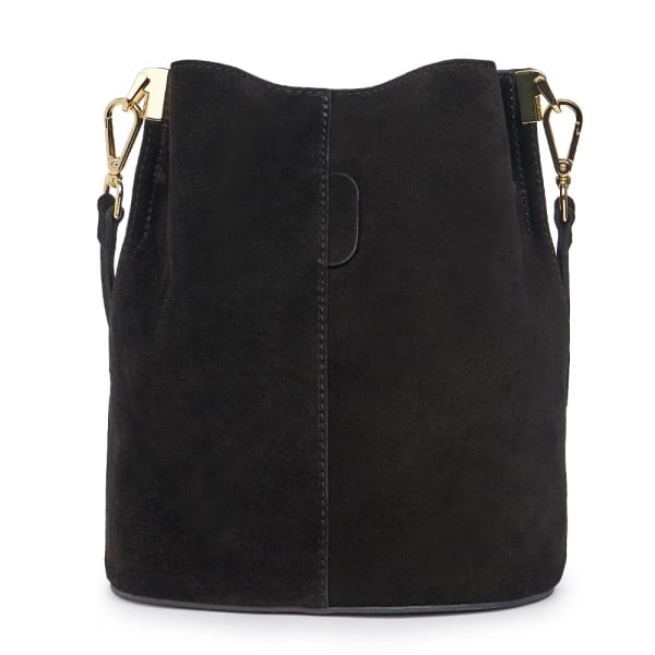 Черна дамска чанта от естествен велур със златисти елементи