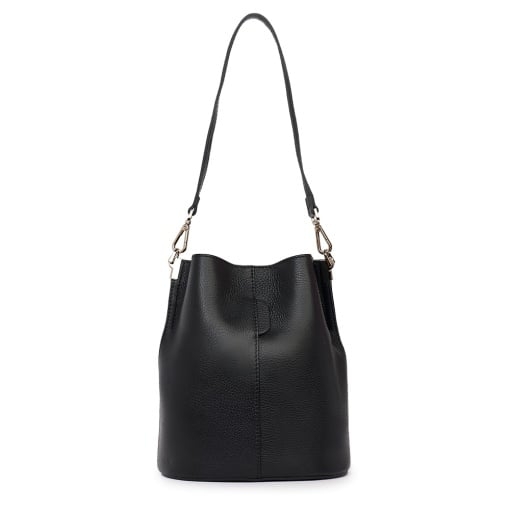 Elegant black leather bag with a long shoulder strap