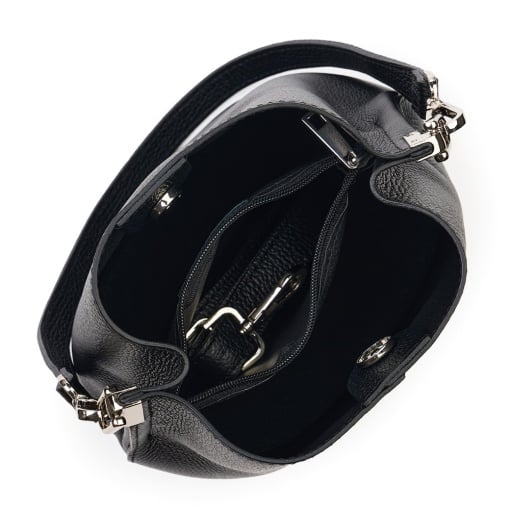 Internal layout with 3 compartments of a black Italian genuine leather bag