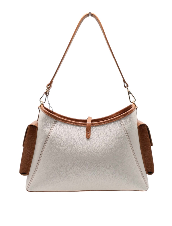 Italian genuine leather handbag in beige and camel, elegant design with decorative leather straps, offered by uniquefashion-online.com.