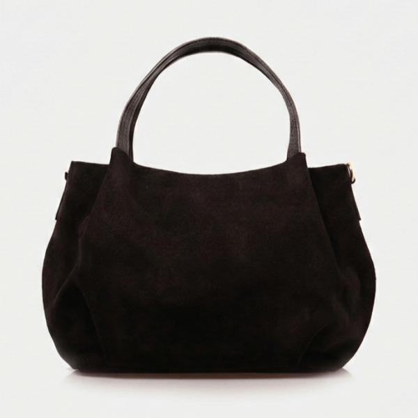 Мека велурена чанта Camoscio тъмно кафява с къси дръжки.