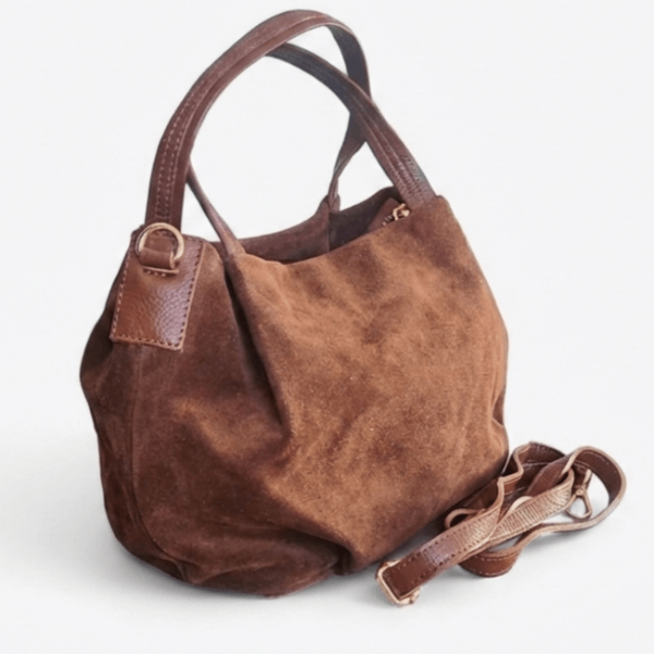 Кафява велурена чанта с две къси дръжки и една дълга дръжка