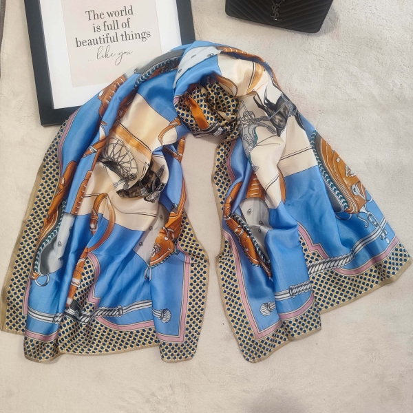 Blue satin scarf with classic print 90/190 cm | Unique Fashion