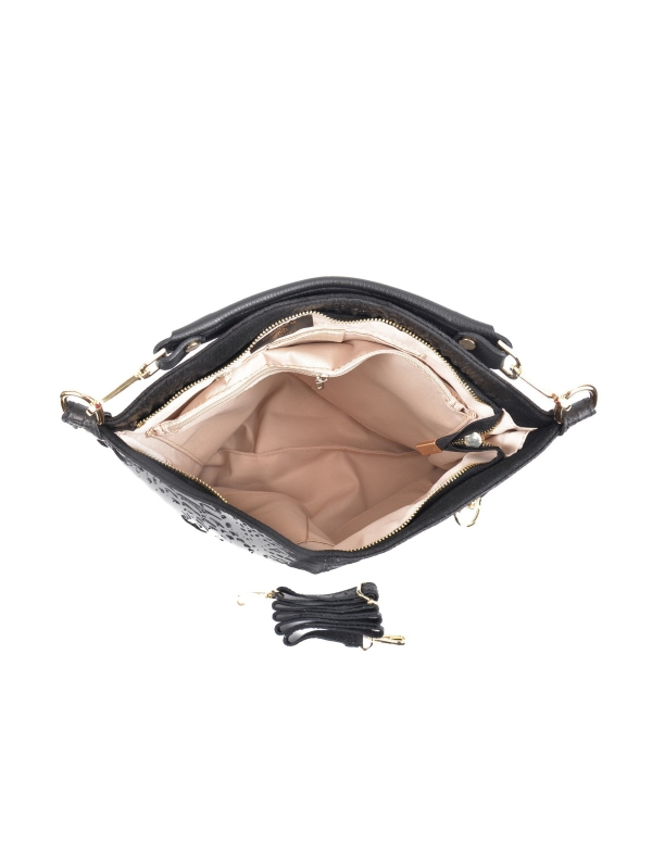 Interior layout of a black genuine leather bag with three compartments and zippers
