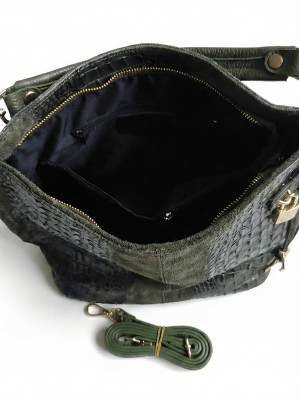 Италианска зелена  чанта от естествена кожа и велур