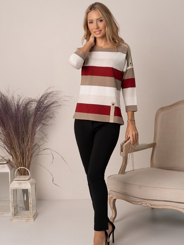 Elegant women's striped blouse in white, beige and burgundy from UniqueFashion