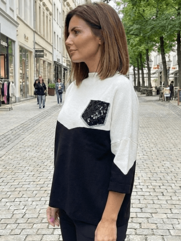 Елегантен италиански макси пуловер в бяло и черно – Универсален размер (XL - 3XL)