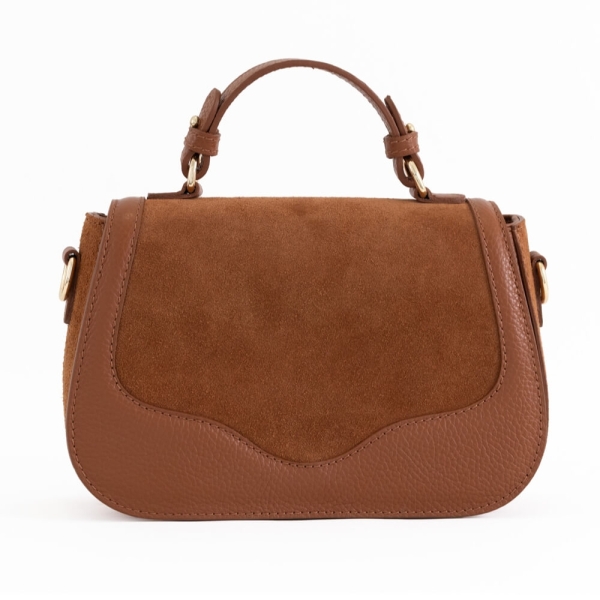 Кафява италианска дамска чанта от естествена кожа и велур лицева част
