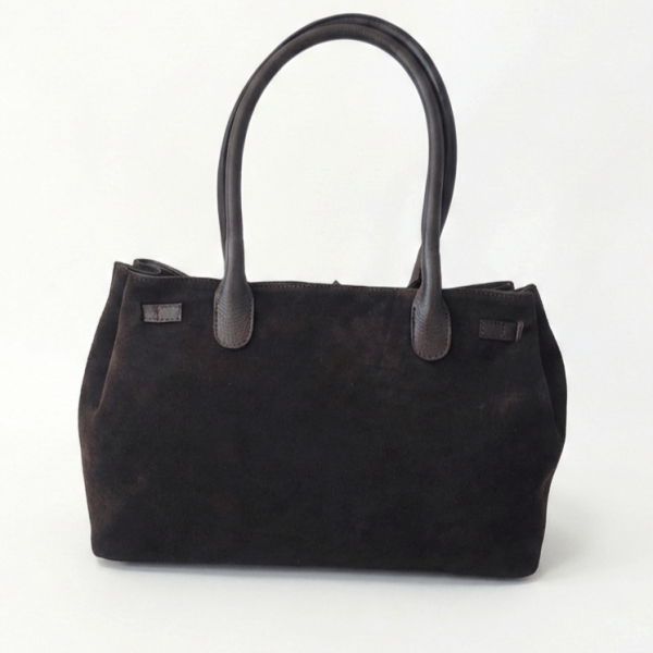 Тъмно кафява дамска чанта от естествен велур и кожа 