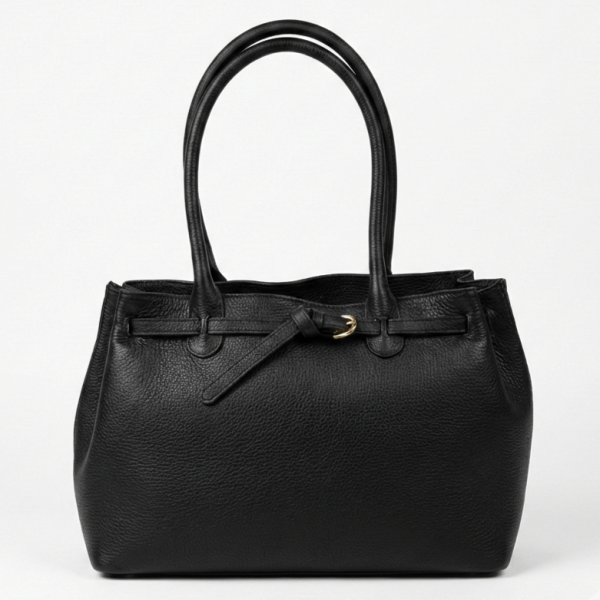 Black Vera Pelle genuine leather handbag with gold accents