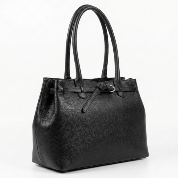 Black Vera Pelle genuine leather handbag with gold accents