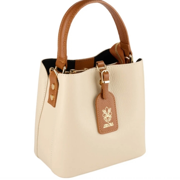 Two-tone leather bag from Italy, beige and brown, with golden details
