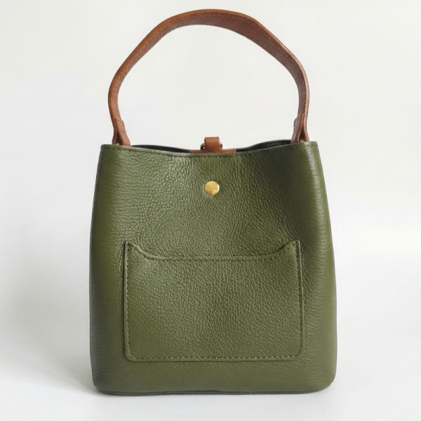 Two-tone handbag made of genuine leather, olive green and brown