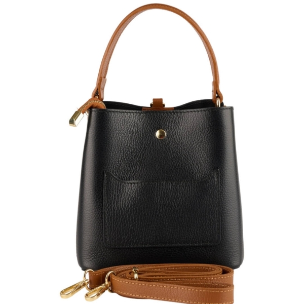 Italian black leather bag with external pocket and brown handle