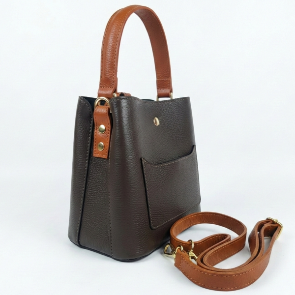 Two-tone genuine leather handbag - Brown and dark brown | Unique Fashion