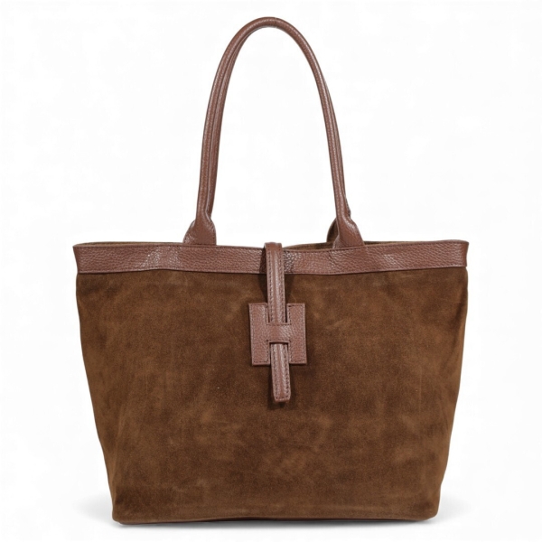 Italian handbag made of natural suede and leather - Brown classic model with a changing shape
