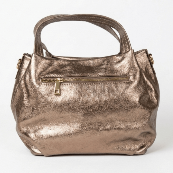 Ladies' handbag, genuine leather, antique gold color, with external zip pocket