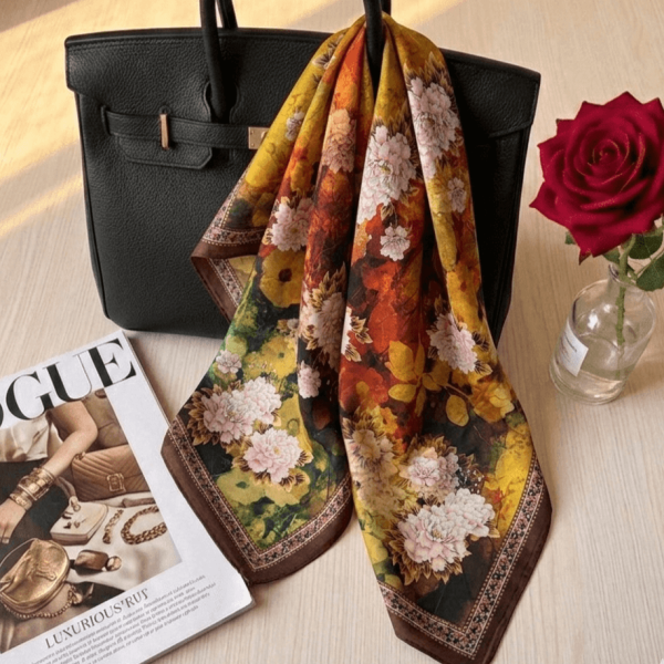 Women's square scarf with flowers, autumn colors,