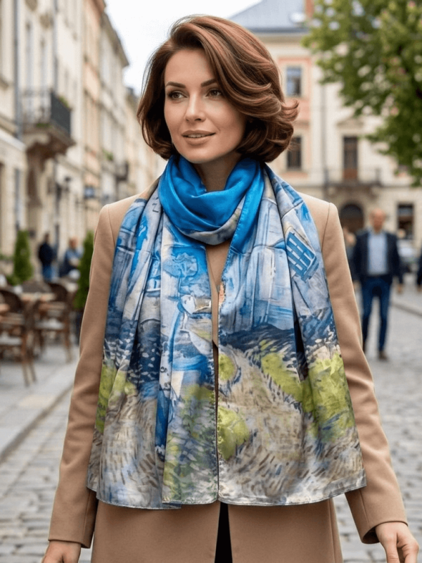 Копринен дамски шал със синьо-жълт артистичен принт върху кафяво палто.