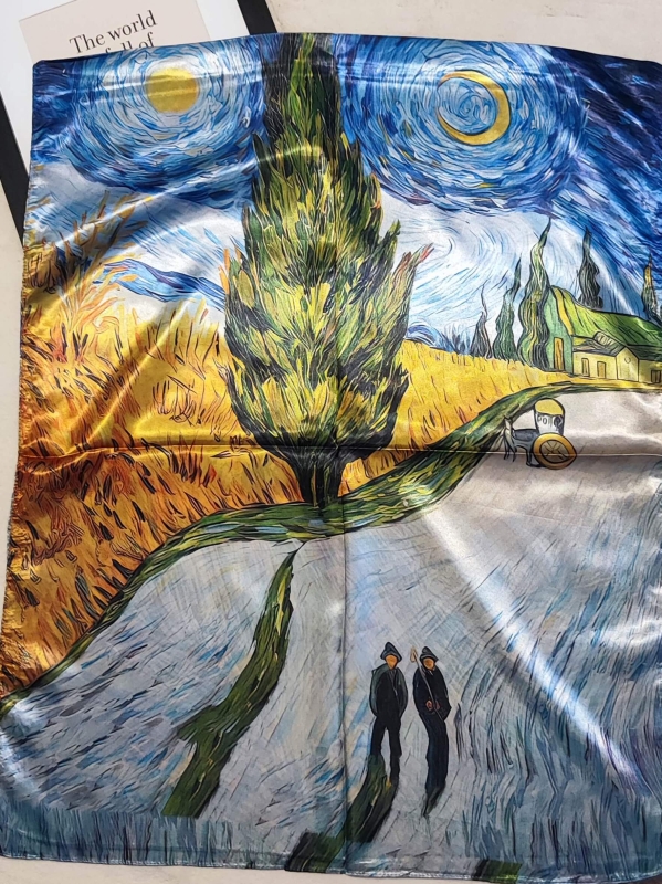 Long silk scarf with artistic print of starry sky and cypress trees