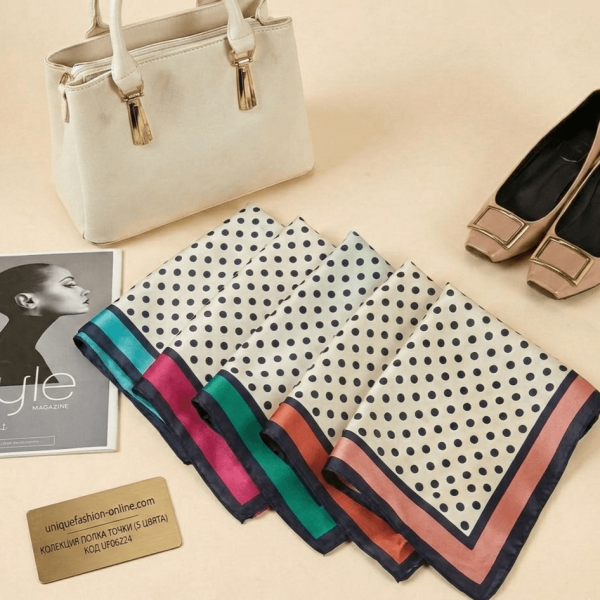 Пет елегантни дамски сатенени шала от вискоза на полка точки с различни цветни кантове, размер 70 на 70 см