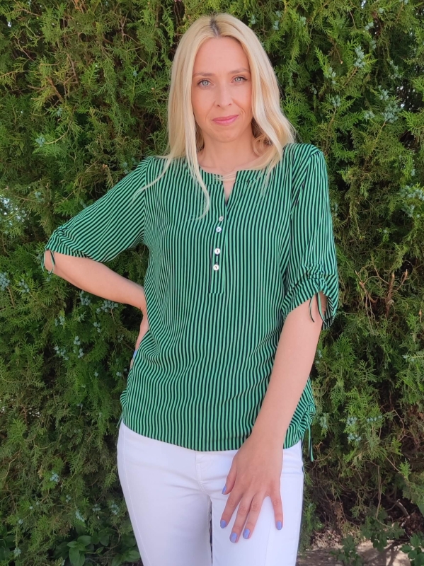 Elegant women's blouse with green and black vertical stripes, loose silhouette, buttoned neckline, 3/4 sleeves with ties