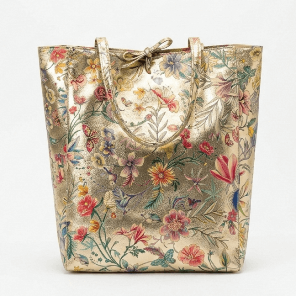 Дамска италианска чанта тип торба от естествена кожа със златисто покритие, украсена с красив многоцветен флорален принт и пеперуди.