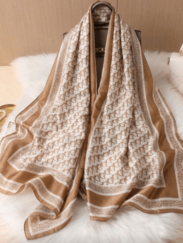Large Satin Scarf with Silk – Brown and white (190/90 cm)