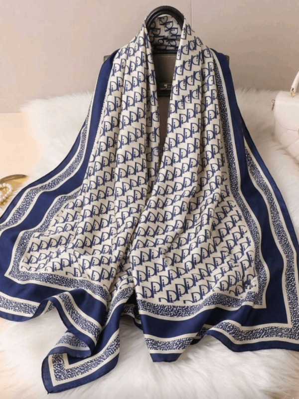 Large Satin Scarf with Silk – Dark blue and white (190/90 cm)