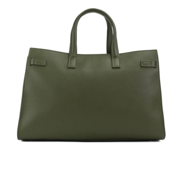 Back of a green handbag made of genuine leather