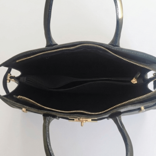 Green genuine leather handbag with three compartments