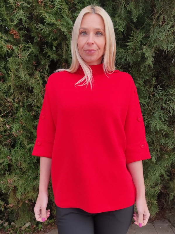 Elegant red women's sweater with short sleeves and decorative buttons, front view