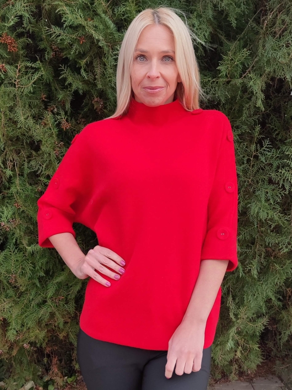 Elegant red women's sweater with short sleeves and decorative buttons, front view
