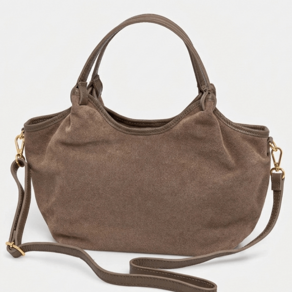 Women's Italian suede bag in taupe color from Florence with gold elements