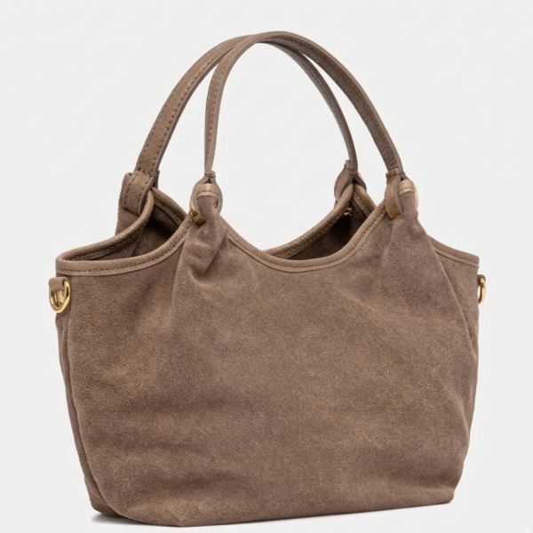 Women's Italian suede bag in taupe color from Florence with gold elements