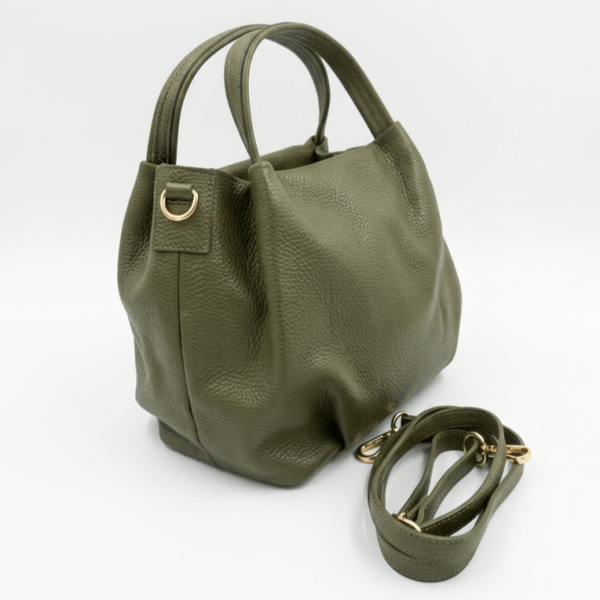 Дамска чанта в цвят хаки естествена кожа с дълга дръжка