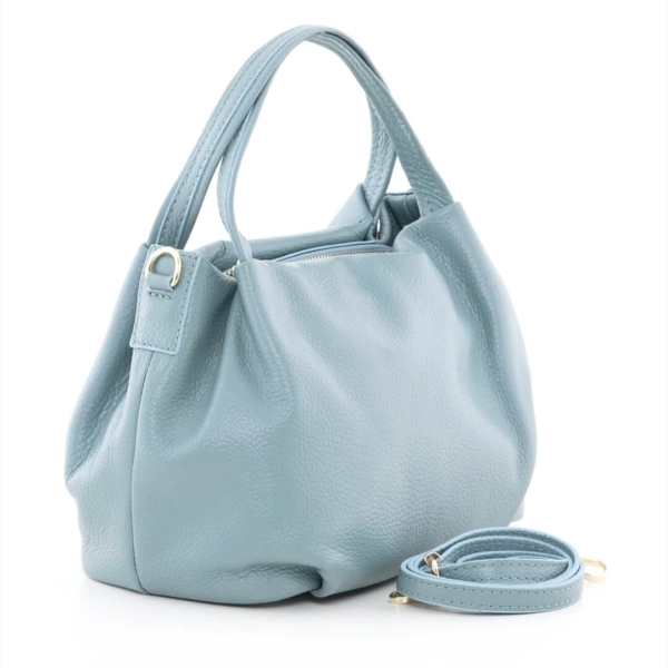 Ladies' handbag, genuine leather, blue color, with external pocket with zipper