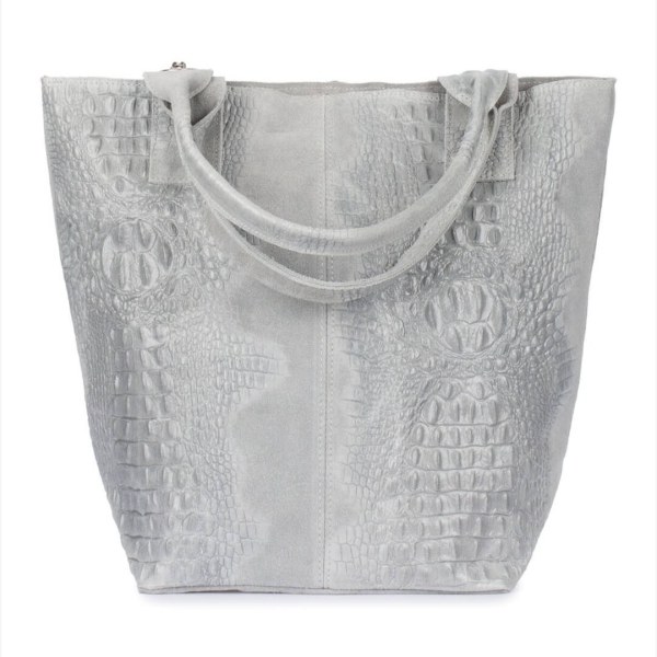 Преден изглед на сива велурена чанта с релефна текстура на крокодилска кожа и две дръжки.