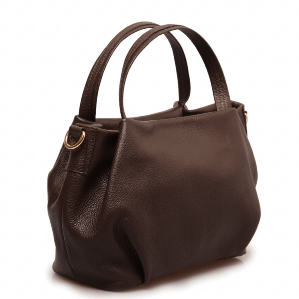 Тъмнокафява дамска чанта от естествена кожа с къси дръжки