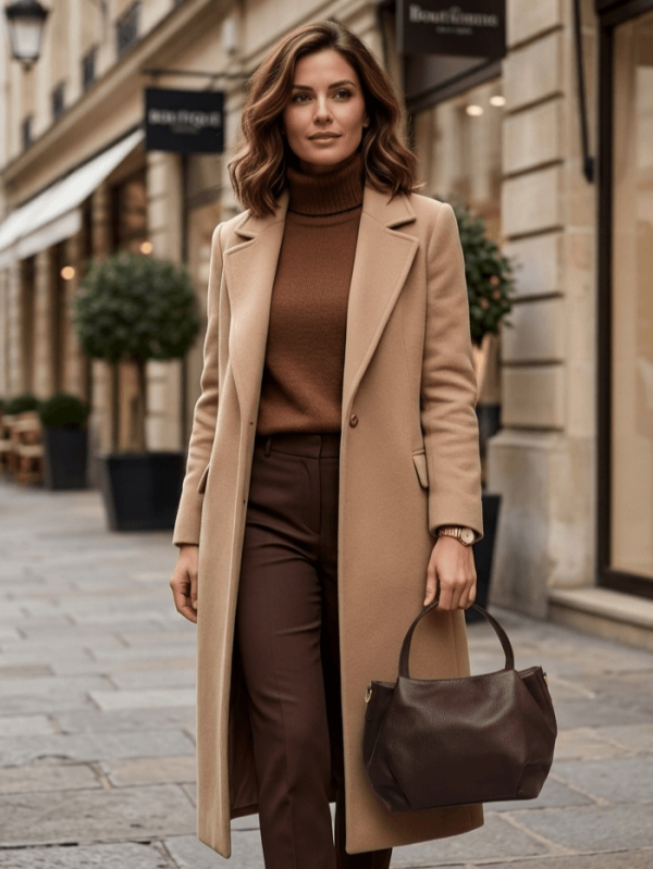 Елегантна жена с палто, носеща тъмнокафява италианска кожена чанта