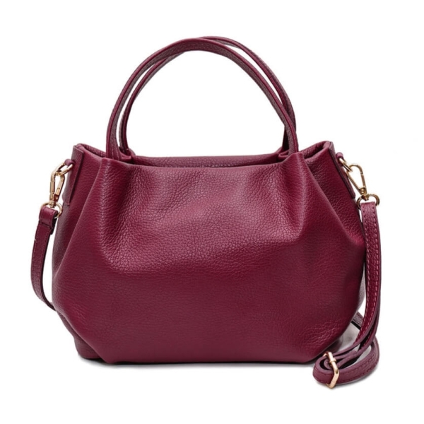 Women's handbag made of genuine leather in burgundy color with two handles and an adjustable shoulder strap, made in Italy.