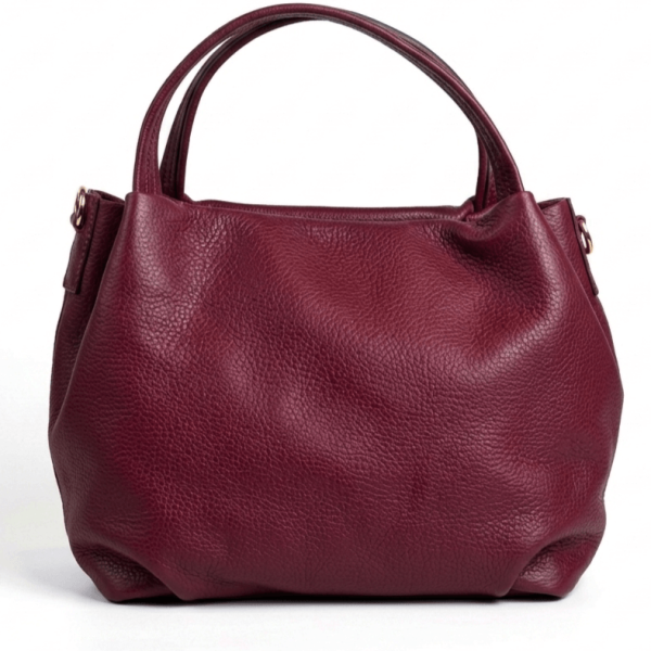 Women's handbag made of genuine leather in burgundy color with two handles and an adjustable shoulder strap, made in Italy.