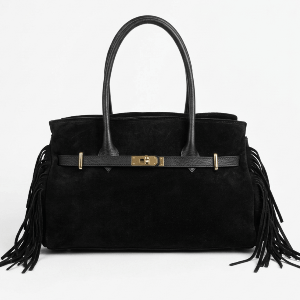 Large Italian black suede handbag with fringes front view
