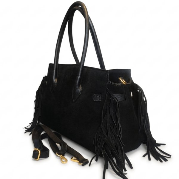 Black suede bag with gold elements and long shoulder strap 120 cm